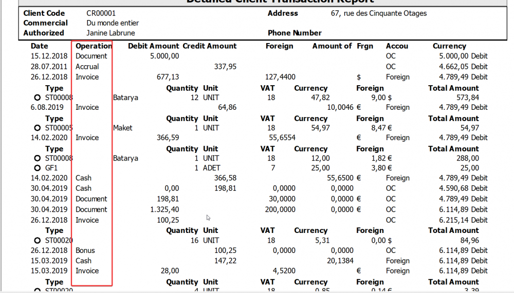 How can we see in the design which type of transaction comes from the invoice in the Detailed Client Transaction Report?