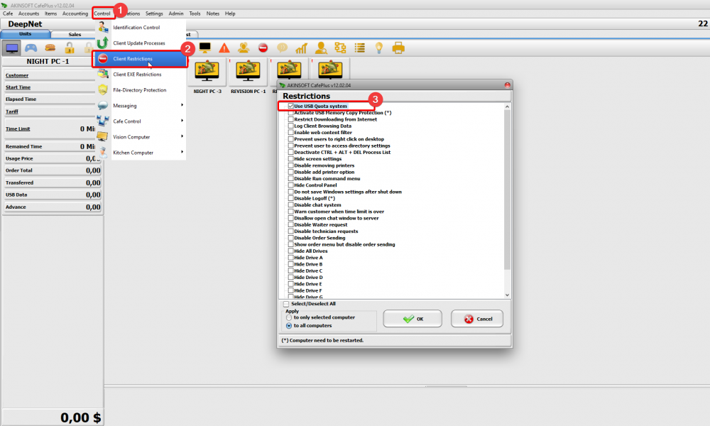 USB Quota System in AKINSOFT CafePlus 12