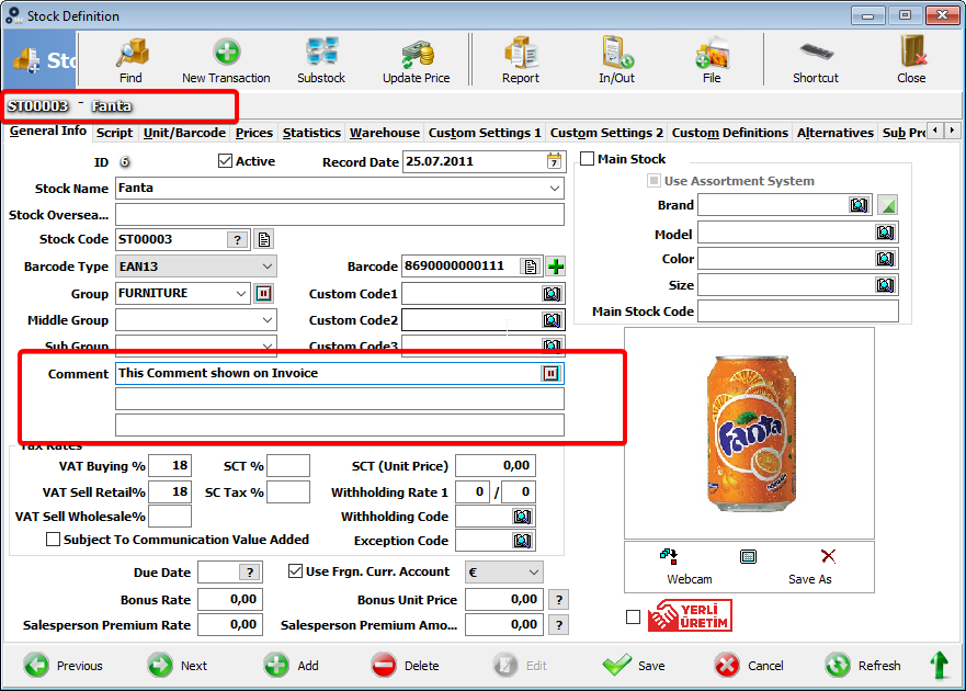 How to Show Stock Comment info At Invoice design